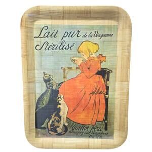Lait Pur Sterilise De La Binganne Girl Drinking Milk & Cats Bamboo Wood Tray